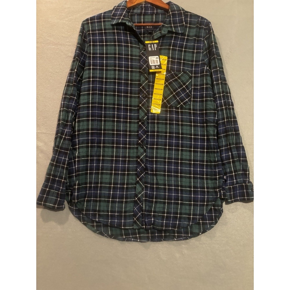 NEW GAP Flannel Shirt Women's Med Relaxed Fit Button Down Green & Blue Plaid
